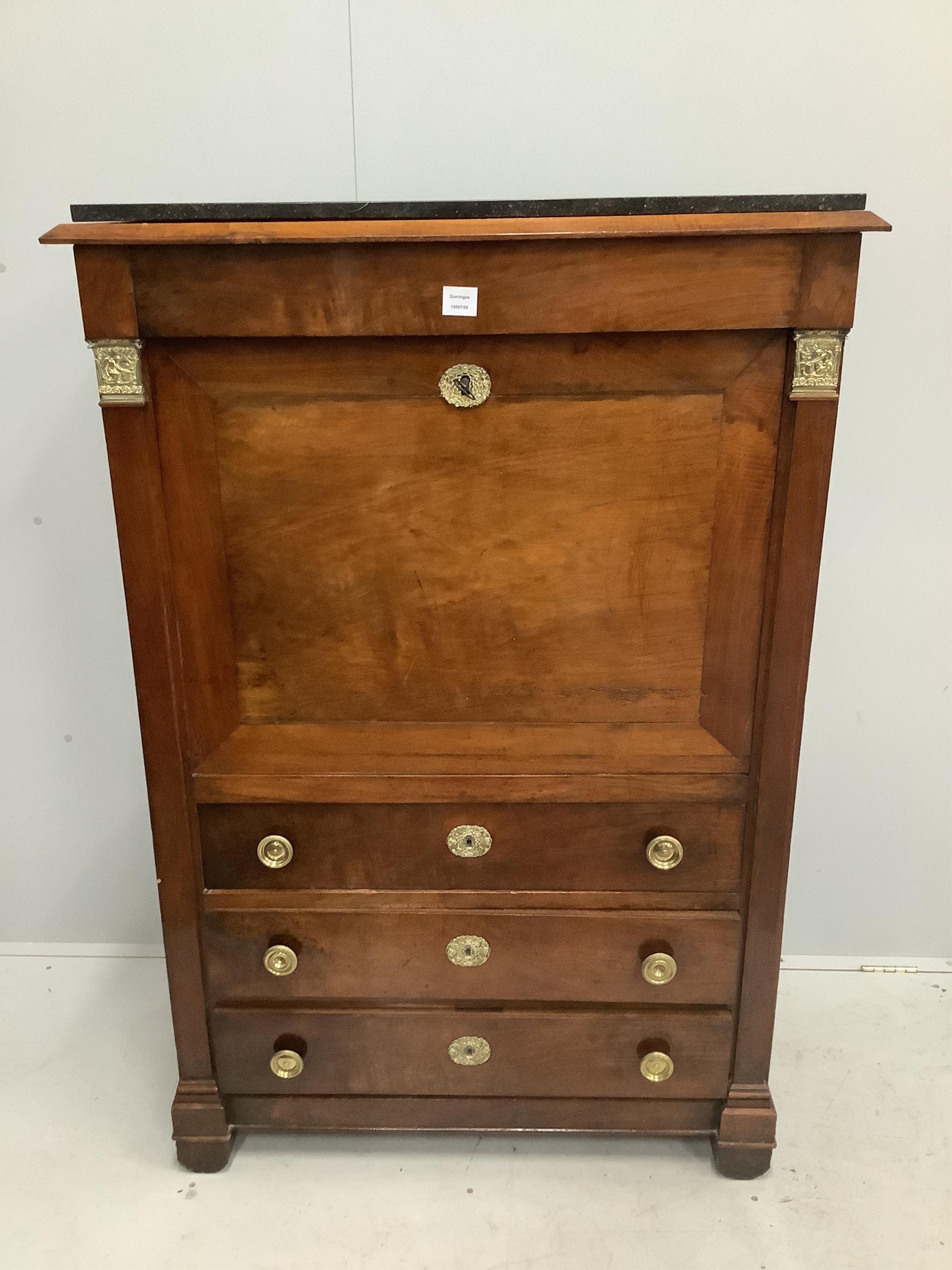 An Empire mahogany secretaire à abbatant, with later marble top, width 97cm, depth 45cm, height 144cm. Condition - fair to good